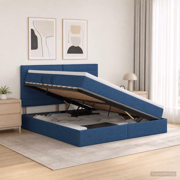 Letto con contenitore e materasso vidaXL in tessuto blu, L/P/H: 140 x 200 x 128 cm