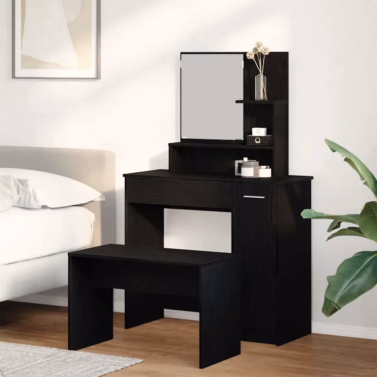Set Tavolo da Trucco 2 Pezzi vidaXL Nero e Rovere L/P/H: 86,5 x 35 x 136 cm