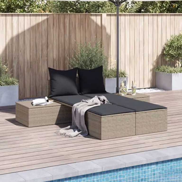 vidaXL Lettino Prendisole Doppio in Polyrattan Grigio Chiaro con Cuscini in Tessuto Resistente ai Raggi UV