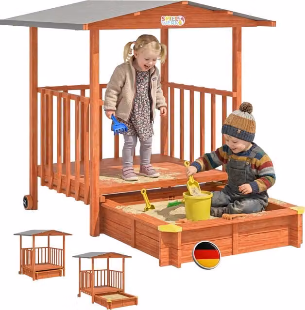 Casetta gioco con sabbiera Spielwerk in legno e tessuto marrone multicolore con tetto e veranda protezione UV 50+
