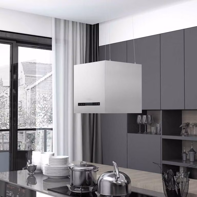 Cappa da cucina ad isola sospesa vidaXL in acciaio inossidabile argento con display LCD e sensore, sistema a ricircolo con carboni attivi e timer