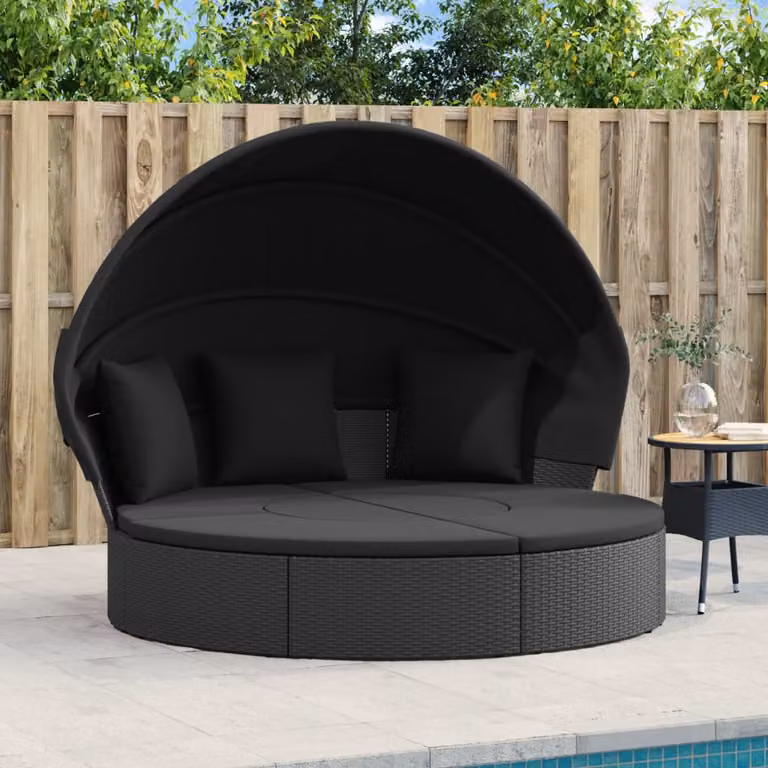 vidaXL Lettino Prendisole da Esterno Moderno in Polyrattan Nero con Tetto e Cuscini in Tessuto