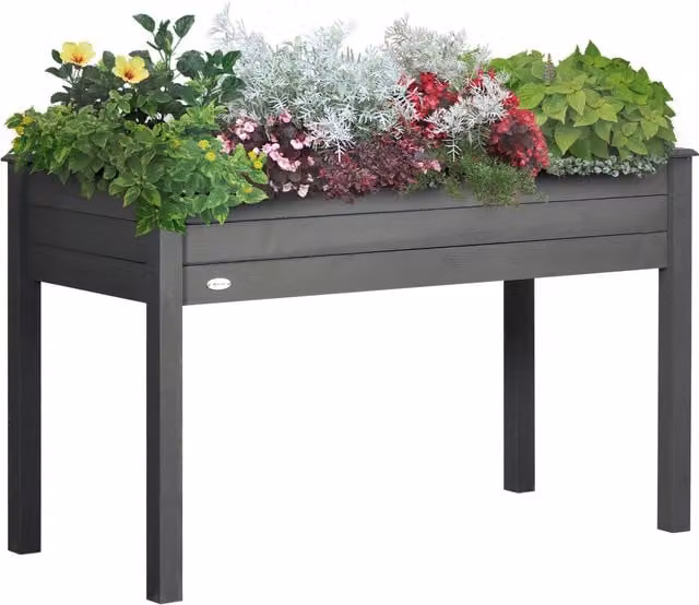 Vaso da Giardino Rialzato Outsunny in Legno Massello di Abete Grigio con Inserti per l'Irrigazione e Feltro per il Drenaggio L: 123 cm, P: 57 cm, H: 76 cm