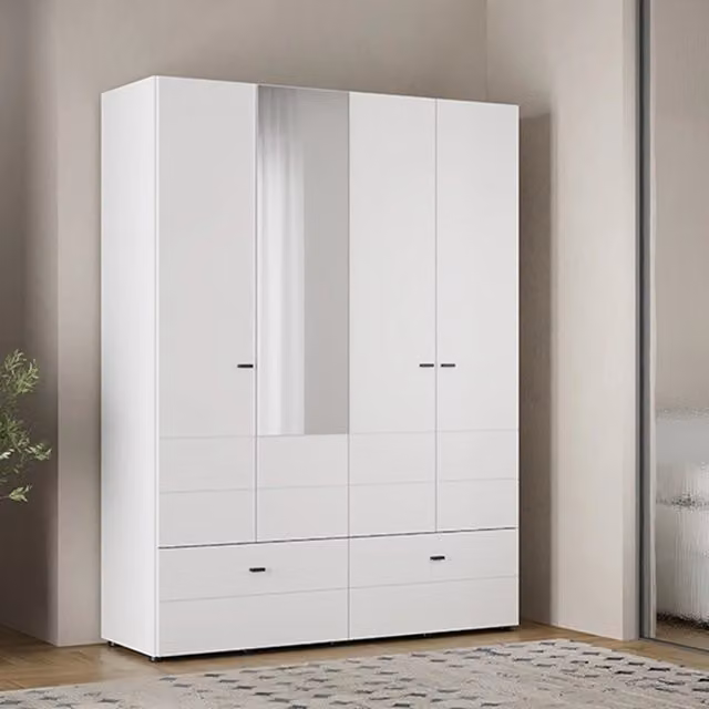 Armadio moderno DMORA per camera da letto con ante scorrevoli e cassetti integrati, finitura bianco opaco e nero, L: 155 cm, H: 208 cm