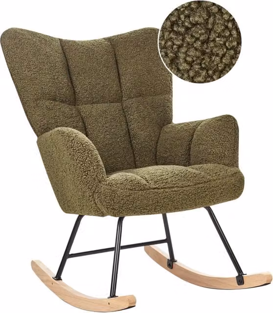 Sedia a dondolo moderna BELIANI in tessuto boucle verde con braccioli e struttura in legno e metallo
