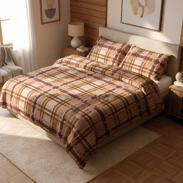 Parure copripiumino e federe KASANOVA in cotone fantasia tartan marrone, matrimoniale, L: 200 cm x P: 220 cm e federe 140 x 200 cm
