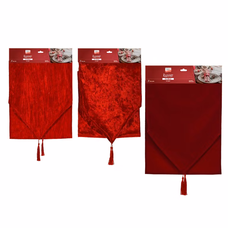 Runner da tavola natalizio Vestiamo Casa rosso con effetto velluto e nappine, L: 180 cm, P: 32 cm