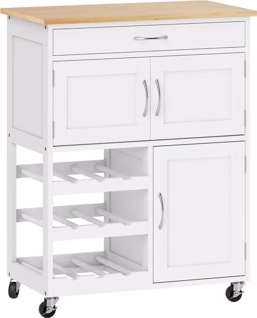 Carrello portavivande HOMCOM in legno bianco con portabottiglie, 1 cassetto e 3 ripiani, L: 67 cm, P: 37 cm, H: 87 cm