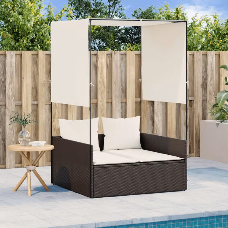 Lettino prendisole con tetto e tende vidaXL in polyrattan marrone e bianco con parasole in poliestere resistente ai raggi UV