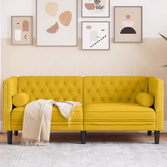 Divano Chesterfield vidaXL in Velluto Giallo con Cuscini per 2 Persone L: 174,0 cm, P: 74,5 cm, H: 70,5 cm