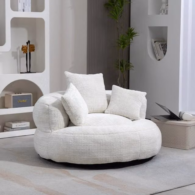 Poltrona sacco OKWISH in ciniglia beige con schienale alto e braccioli ergonomici per soggiorno e camera da letto L: 108 cm, P: 108 cm, H: 52 cm
