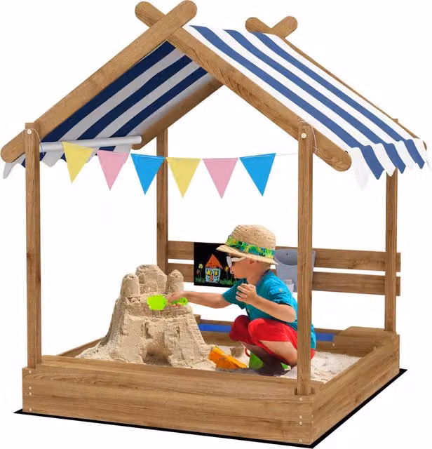 Casetta da gioco Zephmum con sabbiera e lavandino per bambini, nero e multicolore, L 124 cm x P 116 cm x H 146 cm