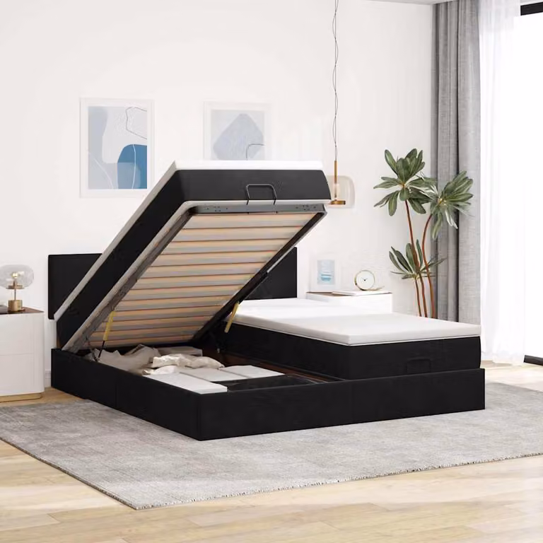 Struttura Letto con Contenitore a Sollevamento vidaXL in Velluto Nero con Luci Sotto il Letto e Porte USB L: 200 cm, P: 200 cm, H: 280 cm