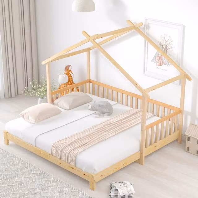 Letto a casetta OKWISH in pino naturale per bambini, disponibile in versione singolo o matrimoniale, senza materasso