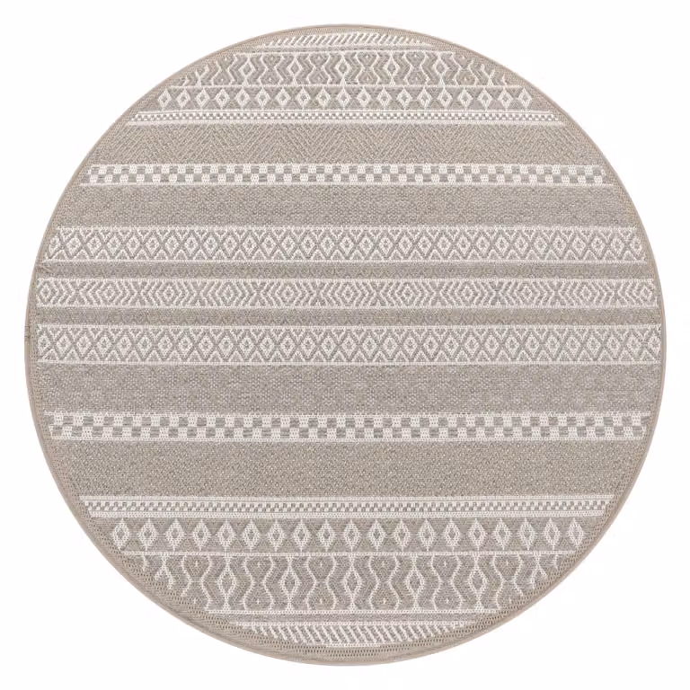 Tappeto rotondo Verona beige per interni ed esterni con design geometrico boho e trama piatta, Diametro: 80 cm
