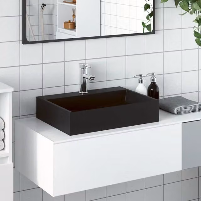 Lavandino da appoggio rettangolare vidaXL in marmo e minerale nero opaco L/P/H: 50 x 38 x 11 cm