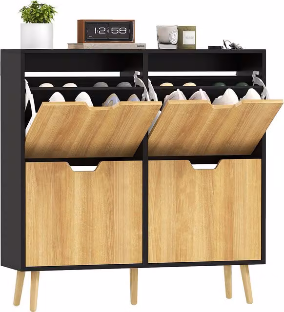 Mobile Portascarpe Stretto HOMCOM con 4 Cassetti Ribaltabili e Ripiani Regolabili per 16 Paia, Colore Naturale e Nero, L: 95 cm, P: 26 cm, H: 95 cm
