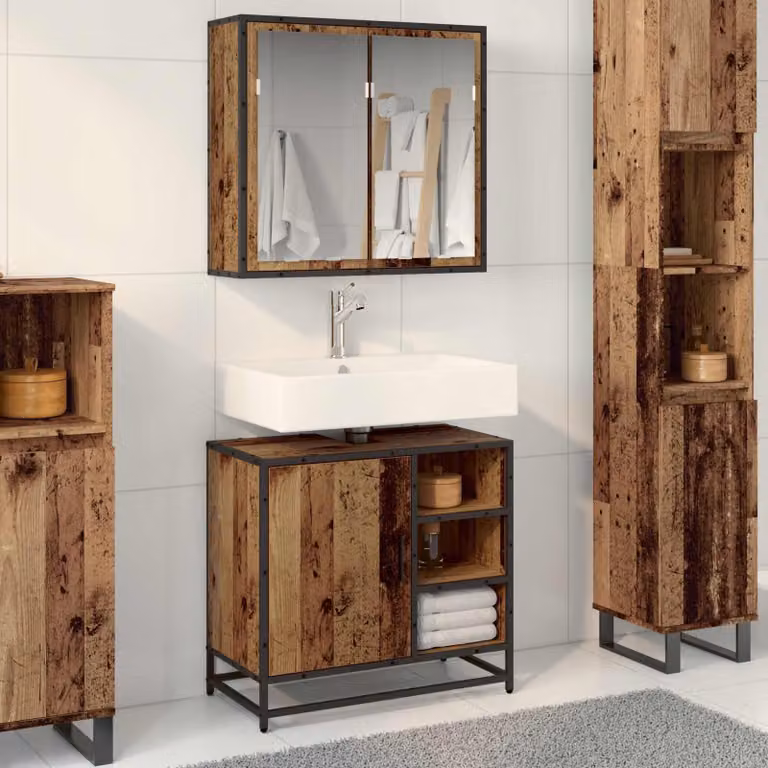 Set di mobili per il bagno vidaXL composto da mobile sottolavabo e armadietto con specchio in legno e metallo marrone, L 65 cm x P 33 cm x H 60 cm