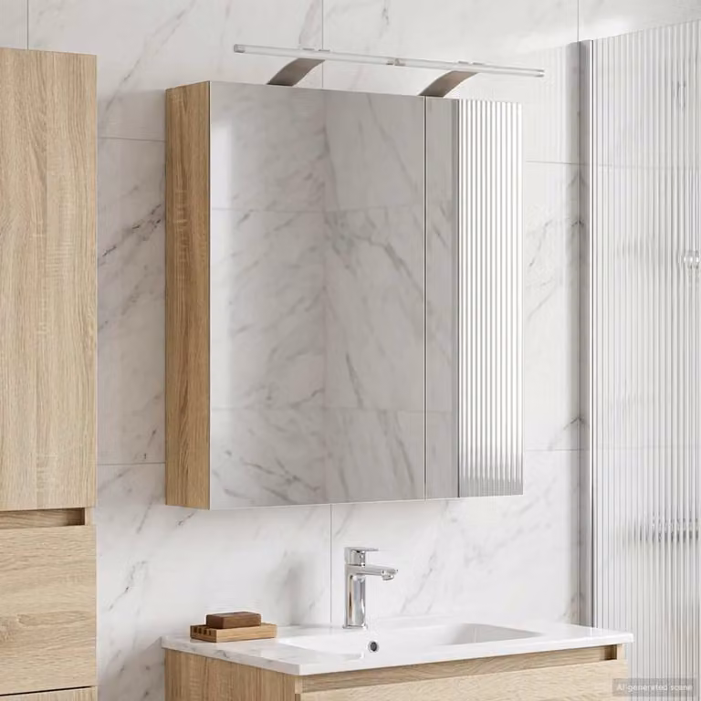 Mobiletto da bagno sospeso vidaXL con illuminazione LED e ante in vetro, Rovere Sonoma, L: 60 cm, P: 14,5 cm, H: 70 cm