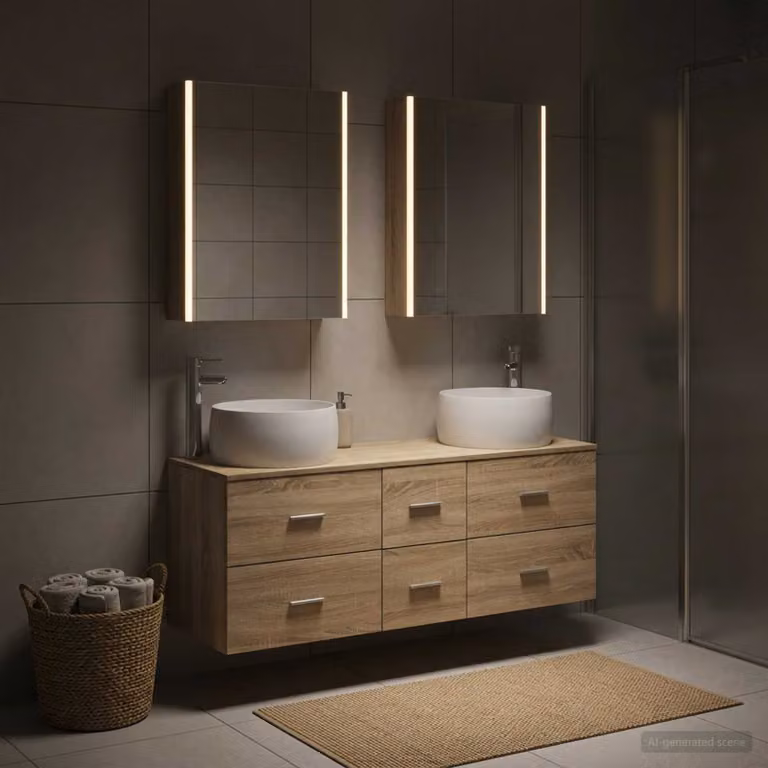 Set di mobili per il bagno moderno vidaXL da 5 pezzi in legno e vetro marrone con vanità, armadietto con specchio e illuminazione LED, L/P/H: 49,5 x 44,5 x 66,0 cm