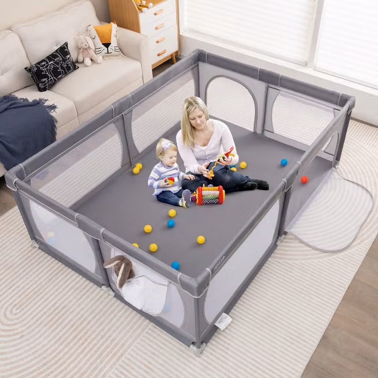 Costway Recinto per bambini pieghevole con rete traspirante e tasca portaoggetti, Box giochi per neonati Grigio scuro