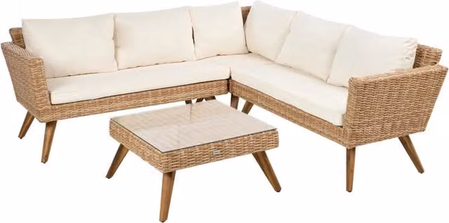 Set da giardino Beliani in rattan con divano ad angolo a L da 6 posti, tavolino e cuscini, colore bianco e beige, stile rustico