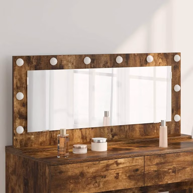 Specchio da vanità vidaXL con luce LED, design moderno rettangolare in legno e vetro, colore marrone, L 100 cm x P 45 cm x H 18 cm