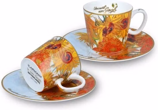 Set di caffè espresso da 2 tazze Carmani in porcellana con decorazione fiori di girasole di Vincent Van Gogh, multicolore, 125 ml ciascuna
