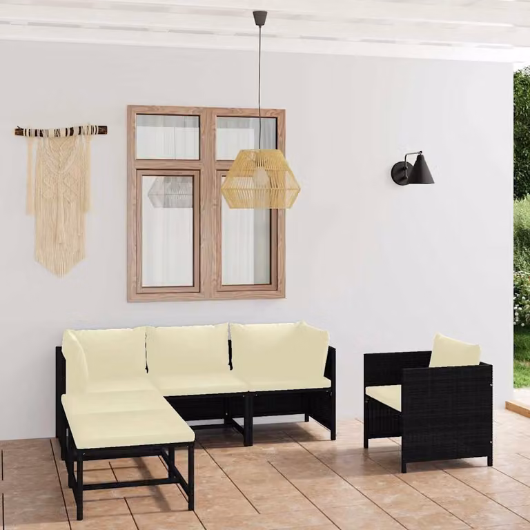 Set di divani da giardino vidaXL a forma di L composto da 6 pezzi con cuscini bianchi e struttura in metallo nero