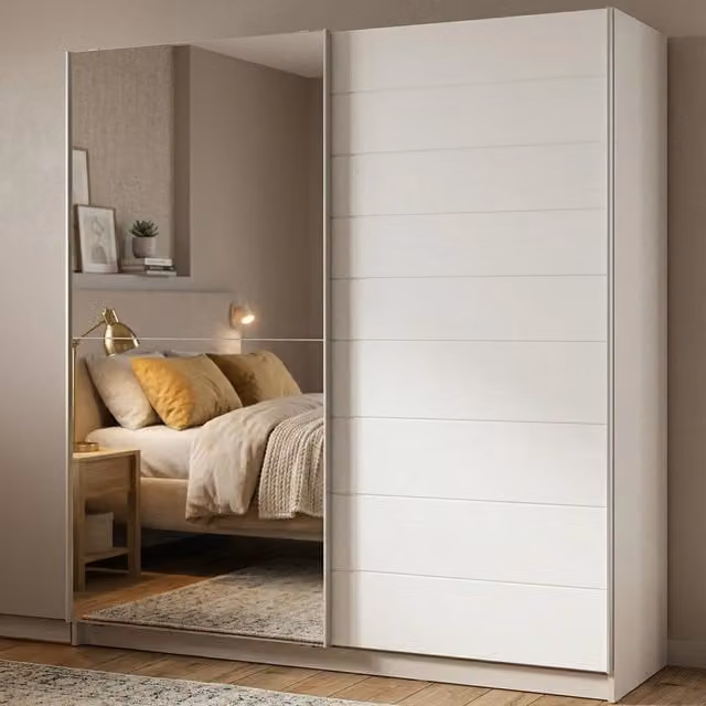Armadio da camera da letto DMORA con ante scorrevoli e specchio, Bianco Opaco, L: 217 cm, H: 210 cm