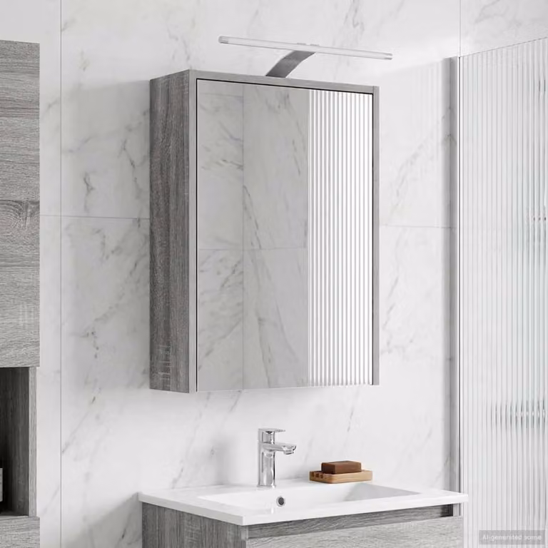 Mobiletto per specchio da bagno vidaXL Grigio, con illuminazione LED e ante in vetro, L 43 x P 16 x H 62.5 cm