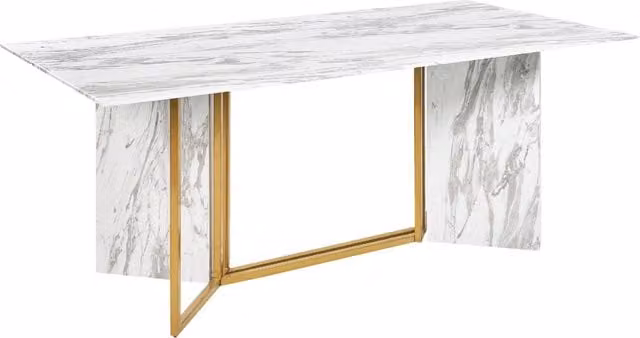 Tavolo da pranzo rettangolare Beliani in MDF e vetro con gambe in metallo, colore bianco e oro, per 8 persone, L: 200 cm, P: 100 cm, H: 77 cm