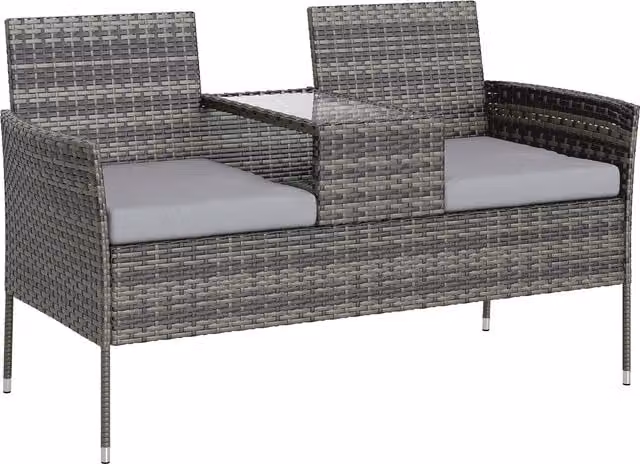 Panchina da esterno Outsunny a 2 posti con tavolino da caffè in rattan PE e acciaio, colore grigio, L: 137 cm, P: 59 cm, H: 82 cm