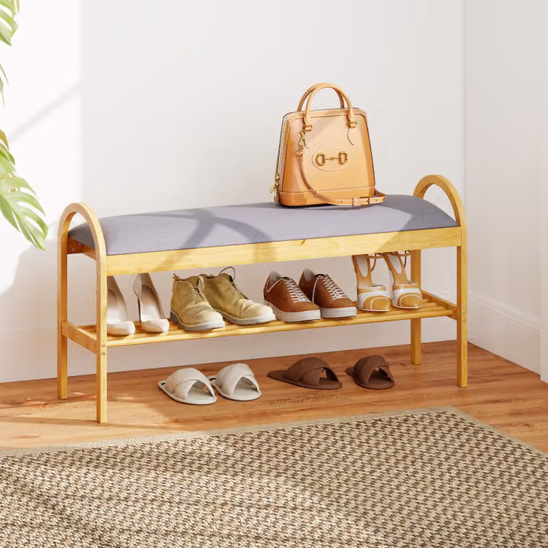 Panca porta scarpe Costway in bambù con seduta in tessuto grigio e scomparto nascosto per ingresso e soggiorno