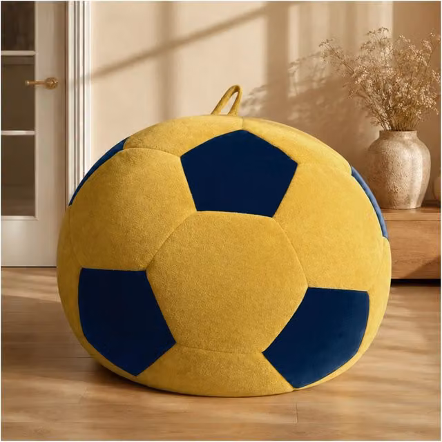 Poltrona pouf cilindrica OKWISH in flanella con design geometrico moderno, blu e giallo, H: 43.5 cm, L: 43.5 cm, P: 31.5 cm