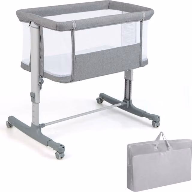 Culla per bambini 3 in 1 con 5 livelli di altezza regolabili, borsa da viaggio e traversina inclusa, Grigio