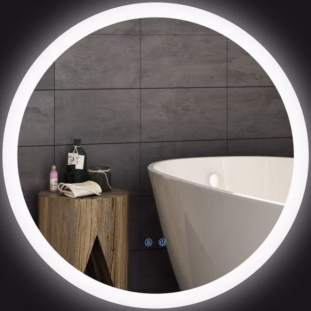 Specchio da bagno rotondo kleankin con luci LED regolabili, controllo touch e funzione antiappannamento, struttura in metallo e vetro, Ø 60 cm