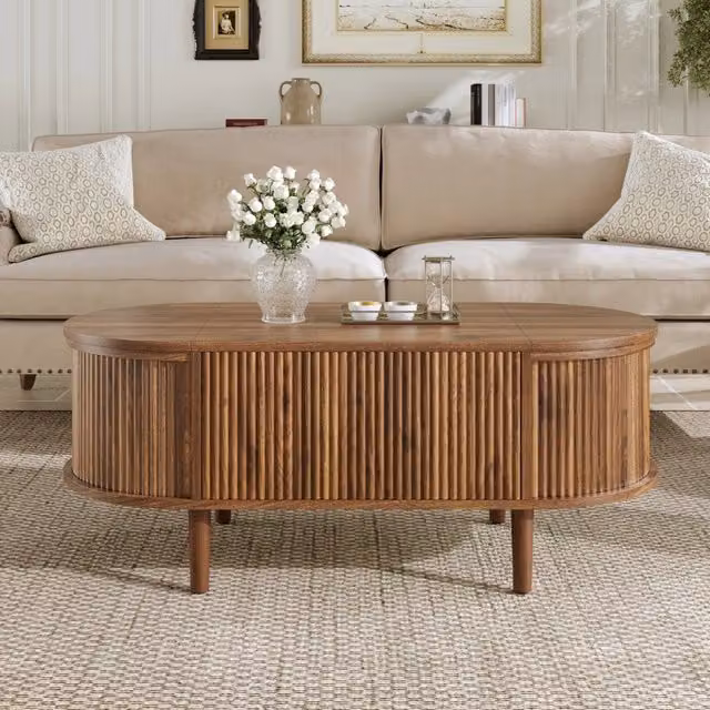 Tavolino da salotto ovale Zephmum marrone vintage con meccanismo di sollevamento e finitura opaca L: 102,0 cm, P: 48,0 cm, H: 40,0-53,5 cm