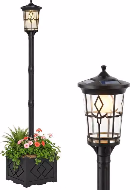 Lampione Solare da Giardino con Fioriera XYLO Nero con LED Luce Bianca Calda e Sensore Crepuscolare IP44