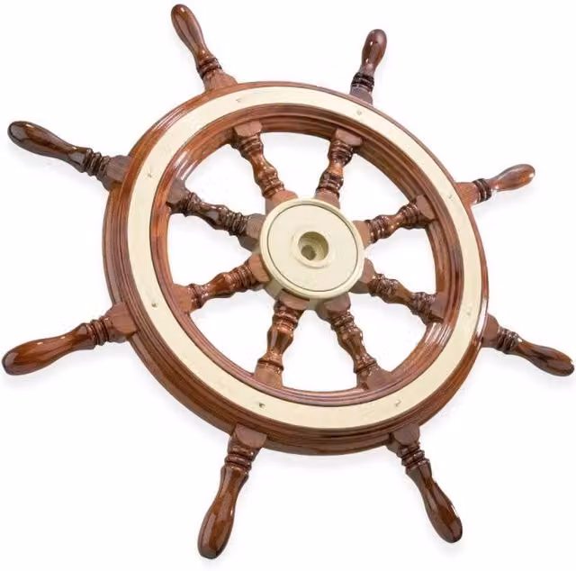 Ruota timone Savoretti in legno e ottone lucido color oro e marrone con finitura lucida