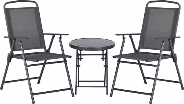 Set da giardino Outsunny composto da 2 sedie e 1 tavolino da caffè in metallo e vetro, colore grigio antracite, Sedie H 93 x L 53,5 x P 64 cm, Tavolino Ø 45 x H 50 cm