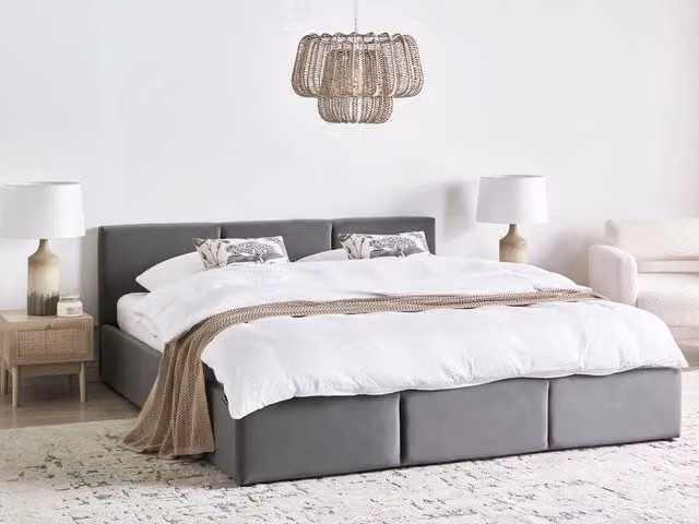 Letto Ottomano Beliani in Velluto Grigio con Contenitore e Testiera Imbottita L/P/H: 180 x 200 x 191 cm