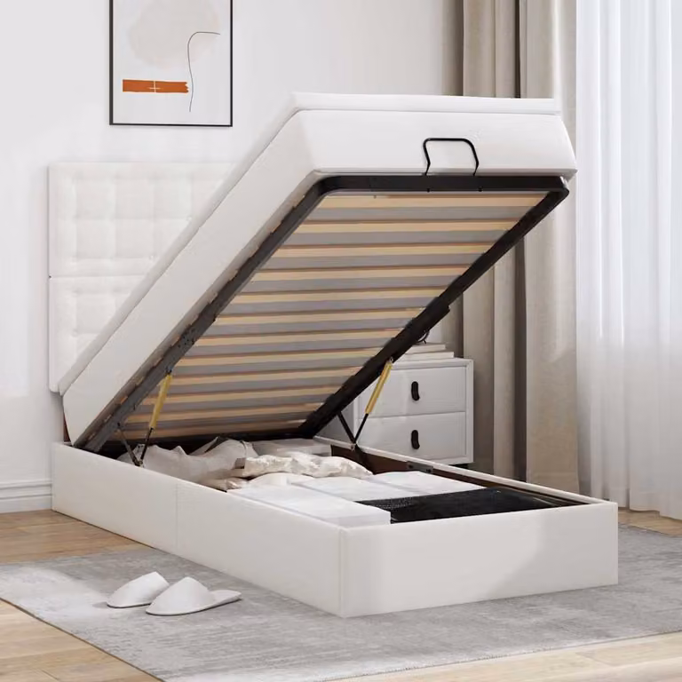 Letto con contenitore e materasso vidaXL in similpelle bianca, L/P/H: 190 x 90 x 128 cm con base sollevabile, illuminazione sottostante e porta USB