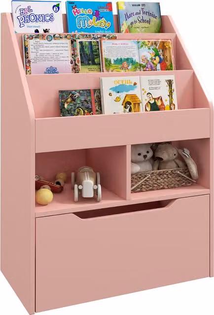 Libreria per bambini HOMCOM con cassetto e ripiani, Rosa, L: 60 cm, P: 29,9 cm, H: 90 cm