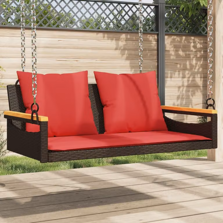 Panchina dondolo vidaXL in polyrattan marrone con cuscini in tessuto resistente ai raggi UV L: 109 cm, P: 62 cm, H: 40 cm