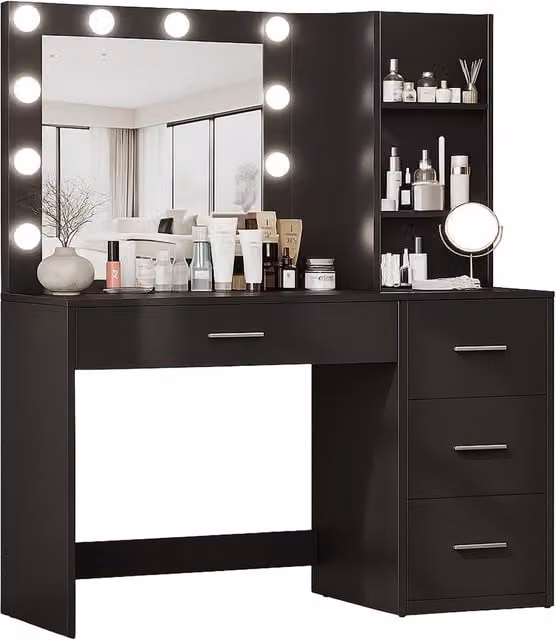 Scrivania Hollywood con Specchio e Luci LED Avilia Home Nera Opaca