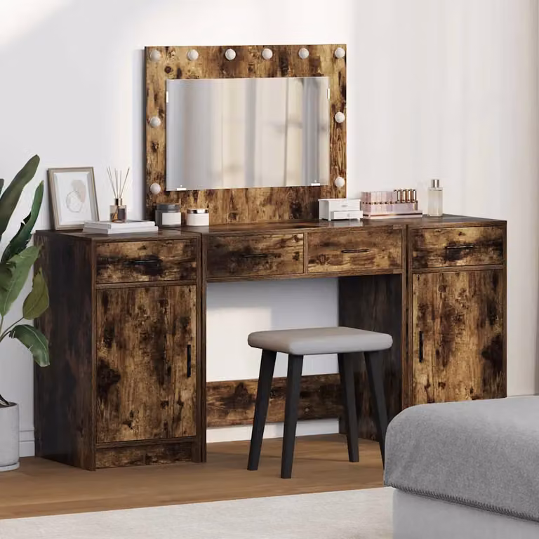vidaXL Set da Trucco Hollywood con LED 3 Pezzi Marrone L: 78,5 cm, P: 40,5 cm, H: 135 cm