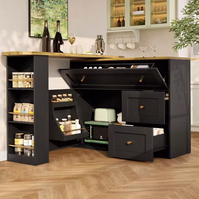 Tavolo bar estensibile Zephmum con ripiano snack girevole e spazio di archiviazione, nero, L: 138-204 cm, P: 39 cm, H: 105 cm