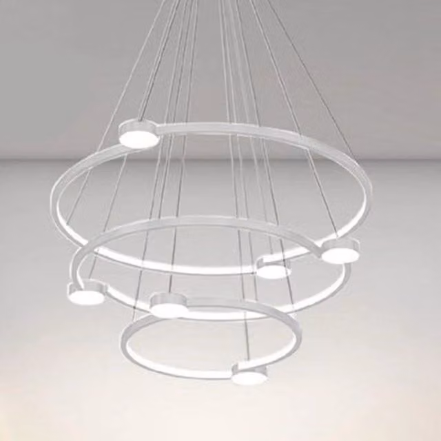 Trade Shop Lampadario a Sospensione LED Moderno con 3 Cerchi, Bianco, 96W, con Telecomando e Altezza Regolabile