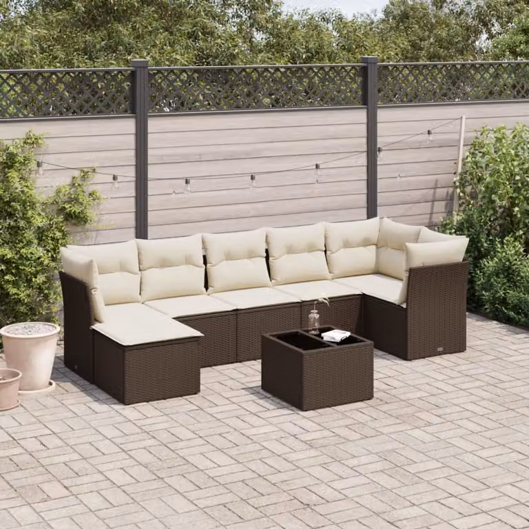 Set di divani da giardino vidaXL in polyrattan marrone con cuscini e tavolino da esterno 8 pz